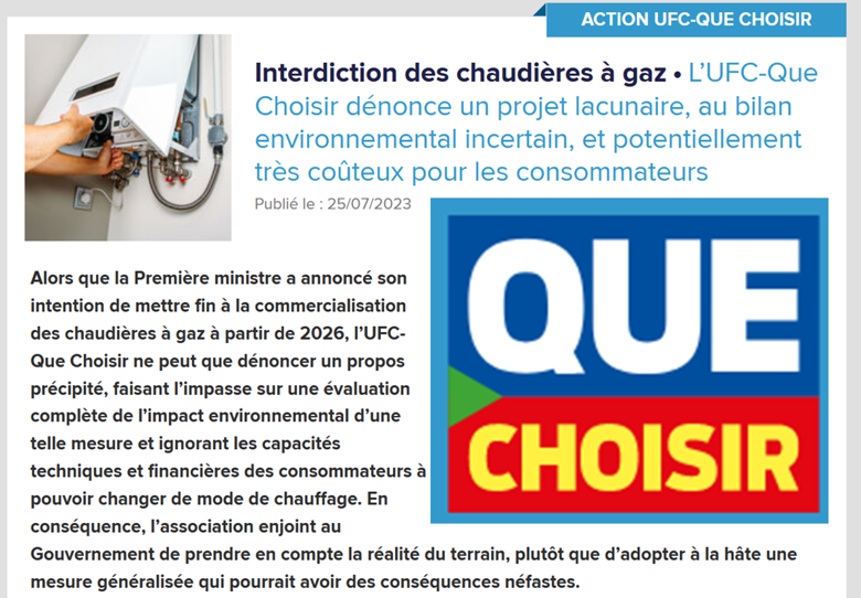 Interdiction des chaudières à gaz L’UFCQue Choisir dénonce un projet